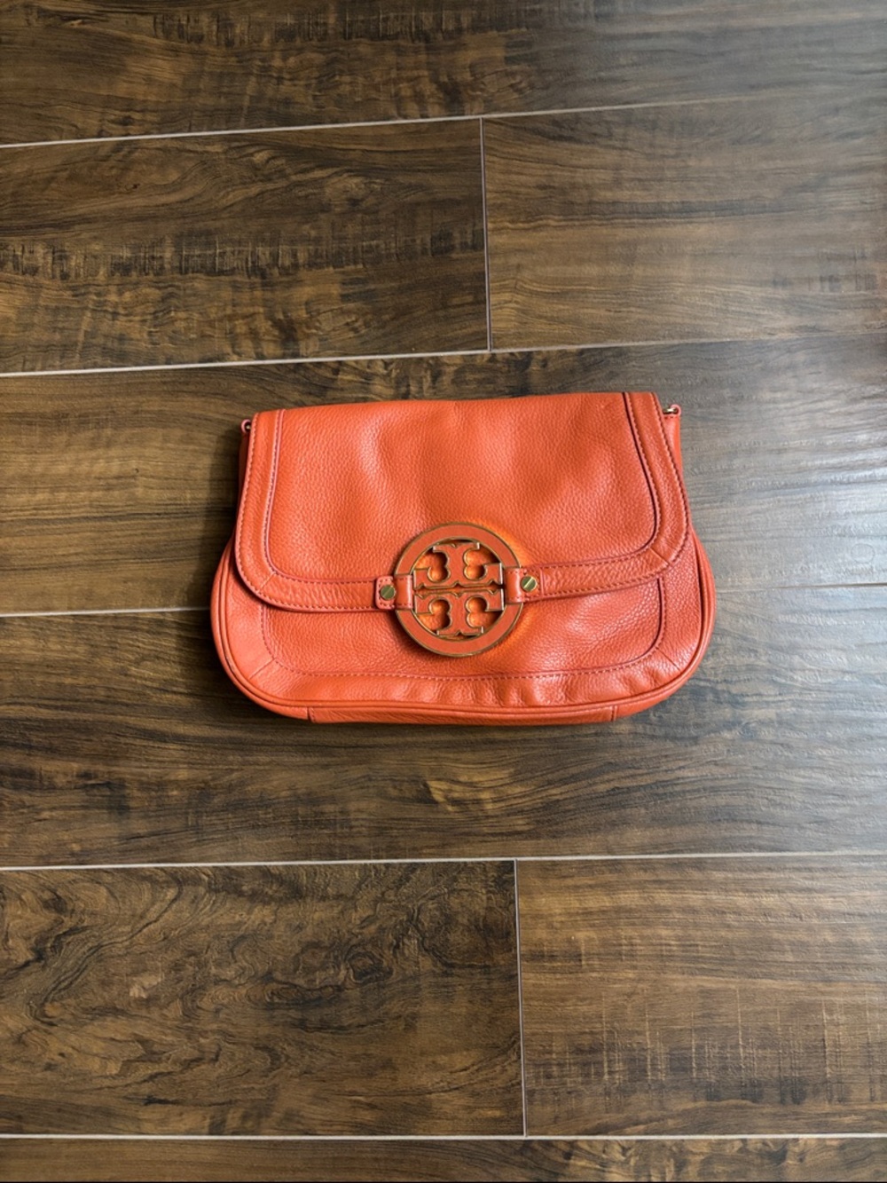 Tory Burch Orange Pebbled Leather Flap Crossbody with Logo Medallion